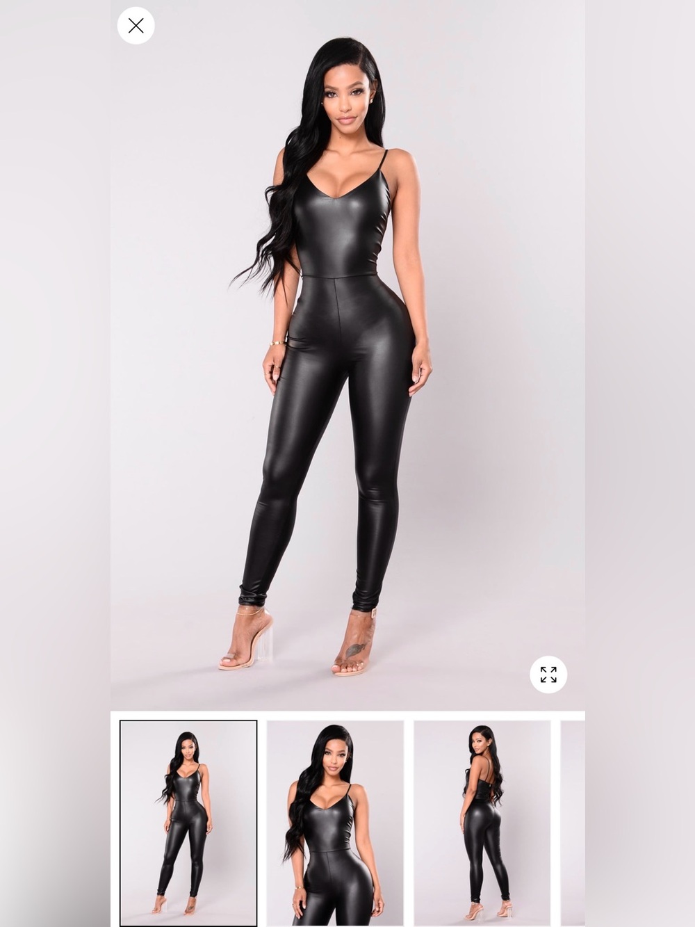 Fashion Nova Black Vegan Leather Spaghetti-Strap Jumpsuit